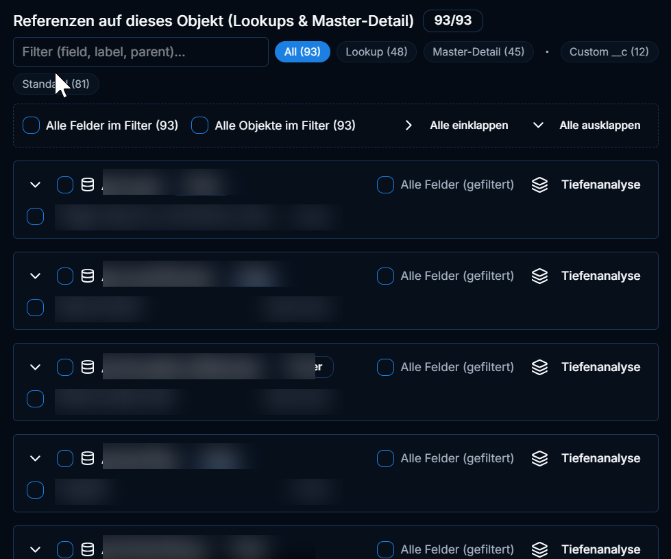 Package Inspector references view — lookup and master-detail relationships pointing at an object (names redacted)