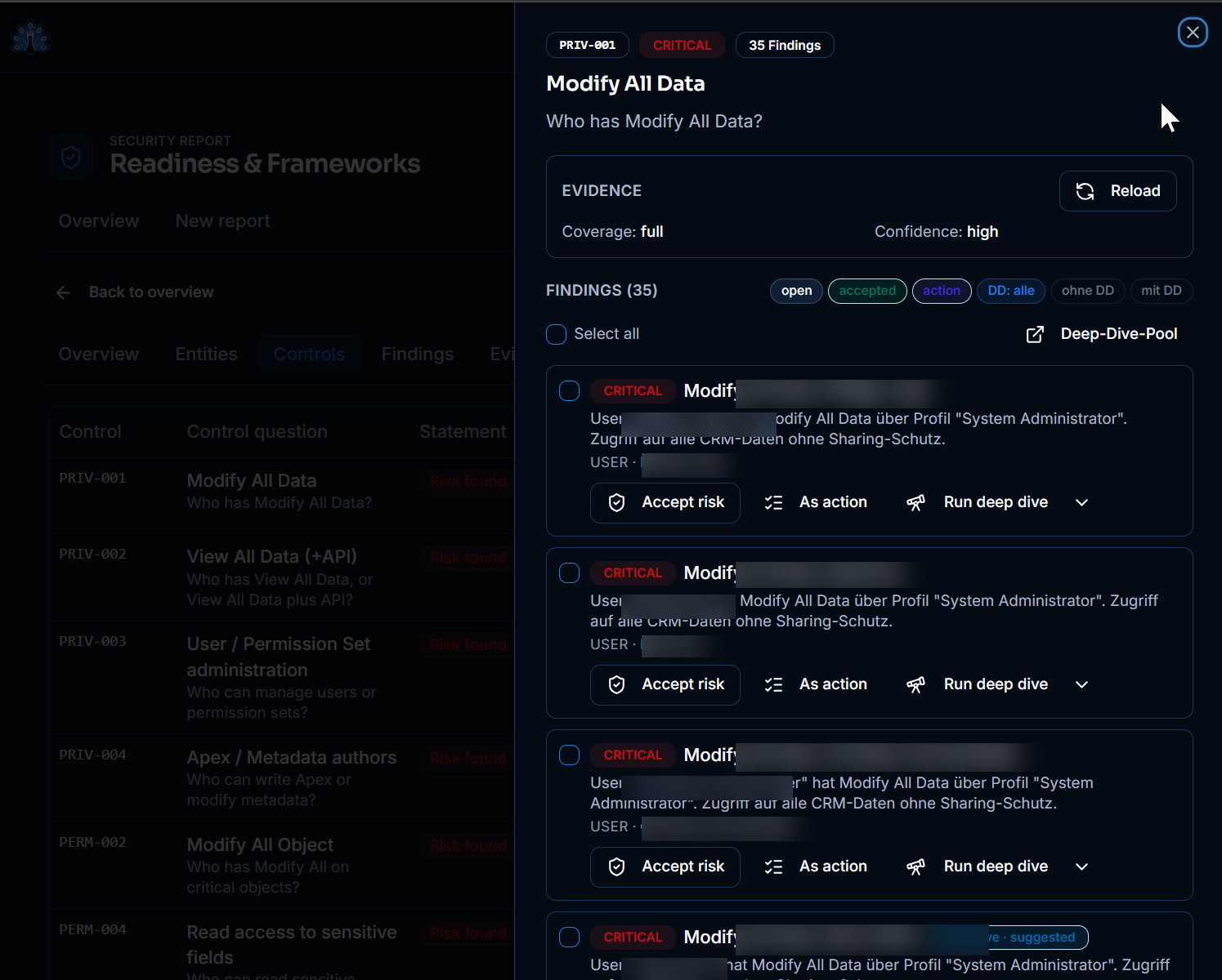 ArgusWatch security report with controls and finding cluster actions